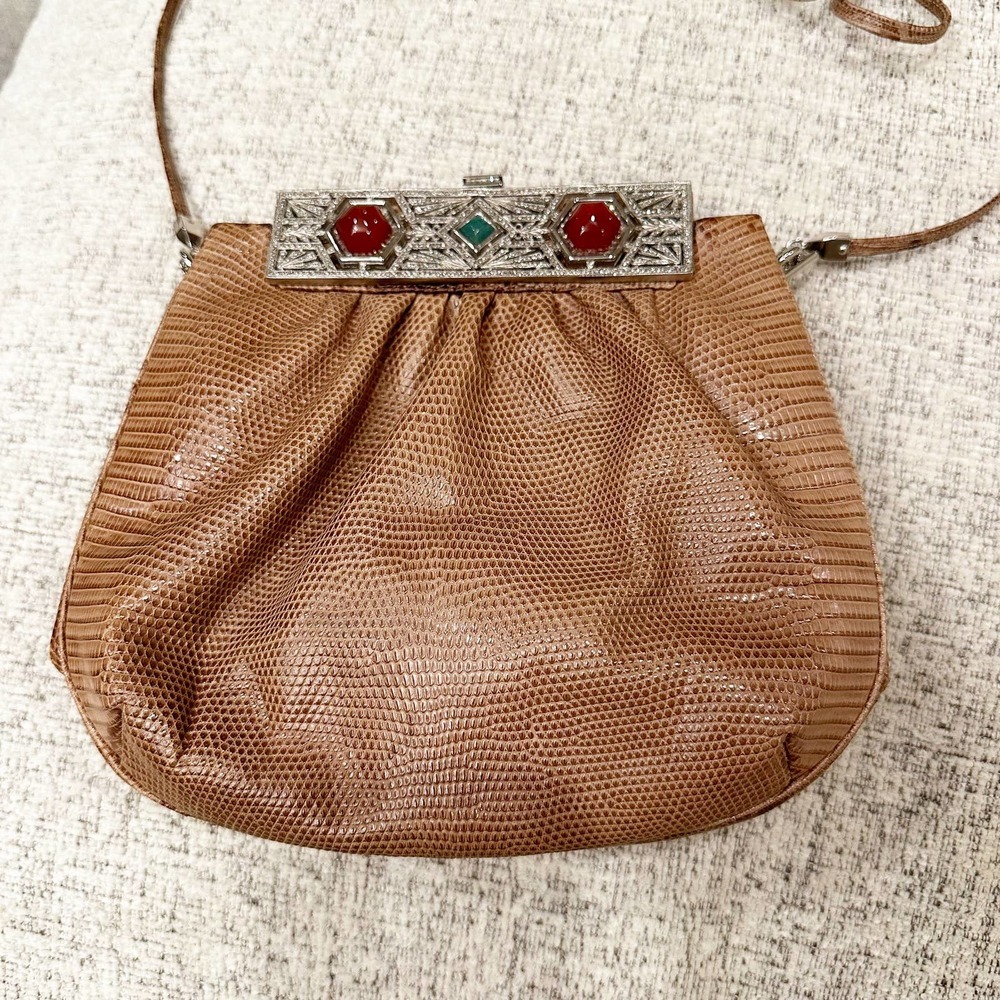 Judith Leiber Women’s Snake Print Leather Handbag Light Brown Jeweled Rhinestone